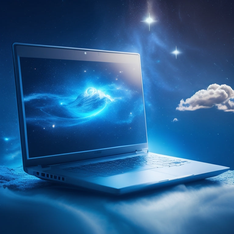 A futuristic, minimalist illustration of a stylized laptop surrounded by glowing, interconnected gears, pulsing circuits, and swirling clouds of data, set against a deep blue background with subtle, shimmering stars.