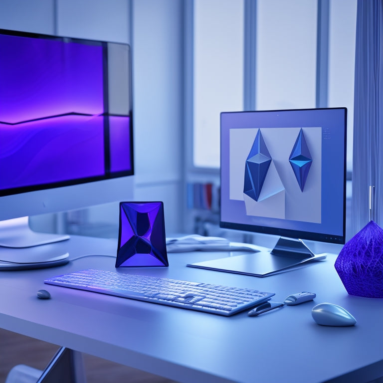 A futuristic, minimalist desk with a sleek, silver laptop and a wireframe model of a website on the screen, surrounded by scattered design elements and abstract shapes in shades of blue and purple.