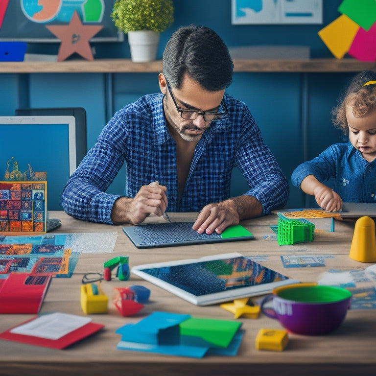 A colorful illustration of a parent and child sitting at a desk, surrounded by laptops, tablets, and math worksheets, with a subtle background of math-related icons and symbols.