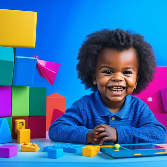 A colorful illustration of a smiling pre-K child sitting in front of a laptop, surrounded by virtual blocks, shapes, and math-themed toys, with a fun, interactive online math game on the screen.