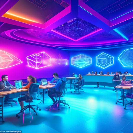 A futuristic classroom with holographic math problems hovering above desks, surrounded by students wearing VR headsets, with 3D geometric shapes and fractals swirling around them in a vibrant, neon-lit atmosphere.