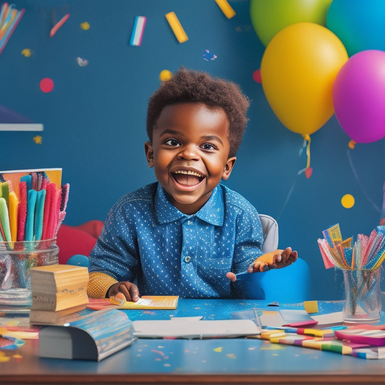 A colorful illustration of a smiling child sitting at a desk, surrounded by various reading tools and materials, including flashcards, alphabet blocks, and a picture book, with confetti and stars in the background.