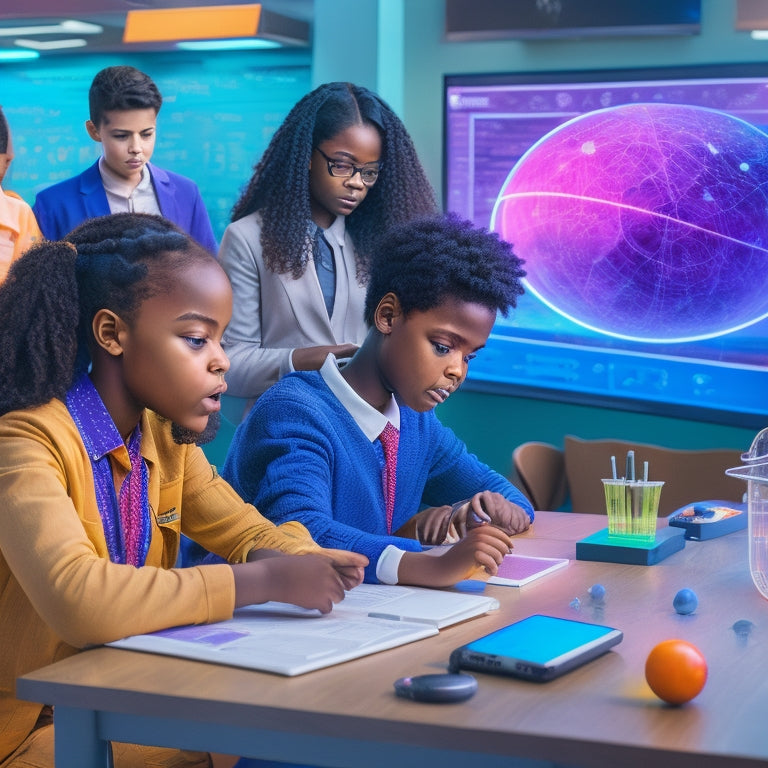 A vibrant, futuristic classroom scene with diverse students engaged in interactive math and science games on tablets, laptops, and a large interactive whiteboard, surrounded by colorful equations and diagrams.