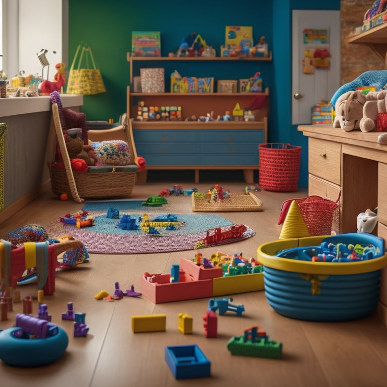 A colorful, clutter-free playroom with a variety of problem-solving toys, including building blocks, puzzles, and brain teasers, scattered across a wooden table and floor, with a few toys spilling out of a nearby basket.