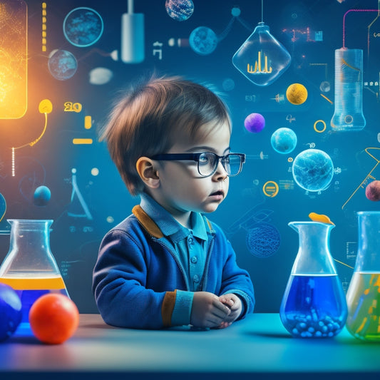 A colorful illustration of a curious child surrounded by floating icons of digital devices, math symbols, and science elements like beakers, atoms, and planets, amidst a subtle background of circuits and coding patterns.
