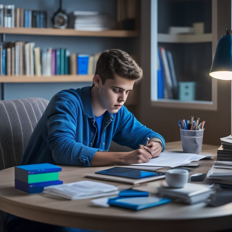 A relaxed teenager sitting at a desk, surrounded by scattered math textbooks and notes, with a laptop open in front of them, displaying a virtual whiteboard with math problems and solutions.