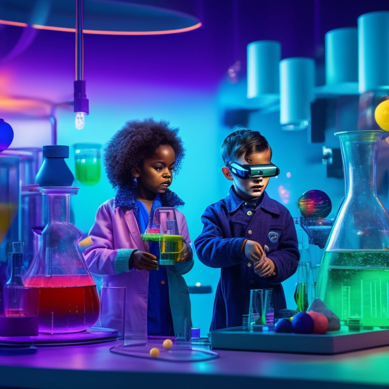 A futuristic laboratory with curious kids wearing VR headsets, surrounded by colorful beakers, test tubes, and experiment stations, amidst a backdrop of swirling atoms and molecules in 3D.