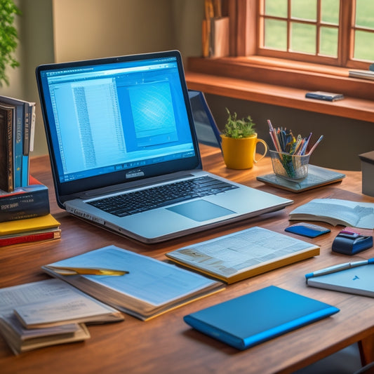 A desk with a Windows laptop, surrounded by scattered math textbooks, calculators, and graphs, with a highlighted laptop screen displaying a math software interface with formulas and 3D graphs.