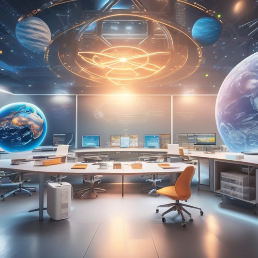 A futuristic classroom with virtual reality headsets, tablets, and laptops surrounded by colorful math symbols, 3D shapes, and orbiting planets, with a subtle glow of LED lights and a blurred cityscape in the background.