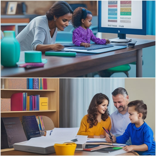 A split-screen image featuring a parent sitting at a desk with a laptop, surrounded by papers and pencils, on one side, and a colorful, interactive math dashboard with charts and graphs on the other.