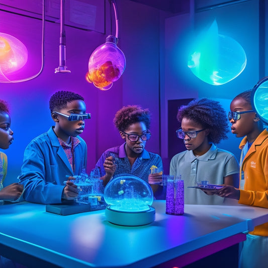 A colorful, futuristic laboratory scene with diverse middle school students conducting experiments, surrounded by interactive screens, 3D models, and virtual reality headsets, amidst a backdrop of swirling atoms and molecules.