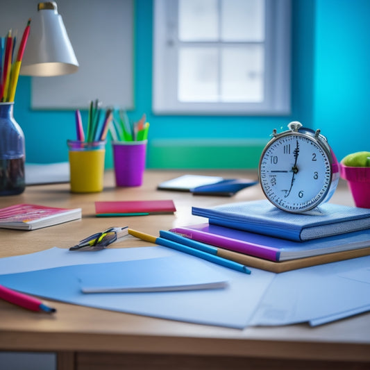 A colorful, clutter-free desk with an open workbook featuring a clock face, surrounded by scattered pencils, a ruler, and a few crumpled papers, with a subtle, blurred background of a classroom.
