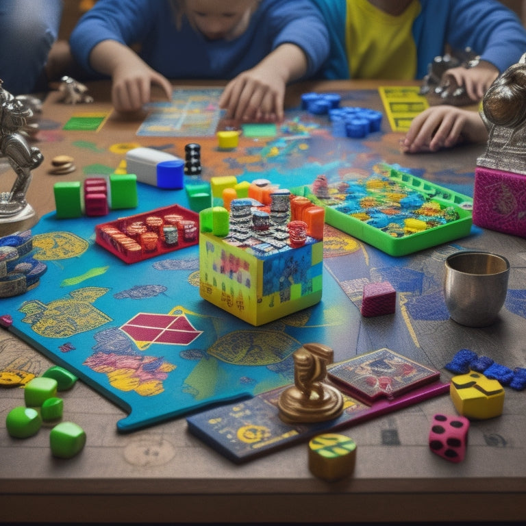 A colorful, clutter-free tabletop scene featuring a mix of modern math board games, dice, tokens, and excited children's hands reaching for game pieces, surrounded by scattered equations and mathematical symbols.