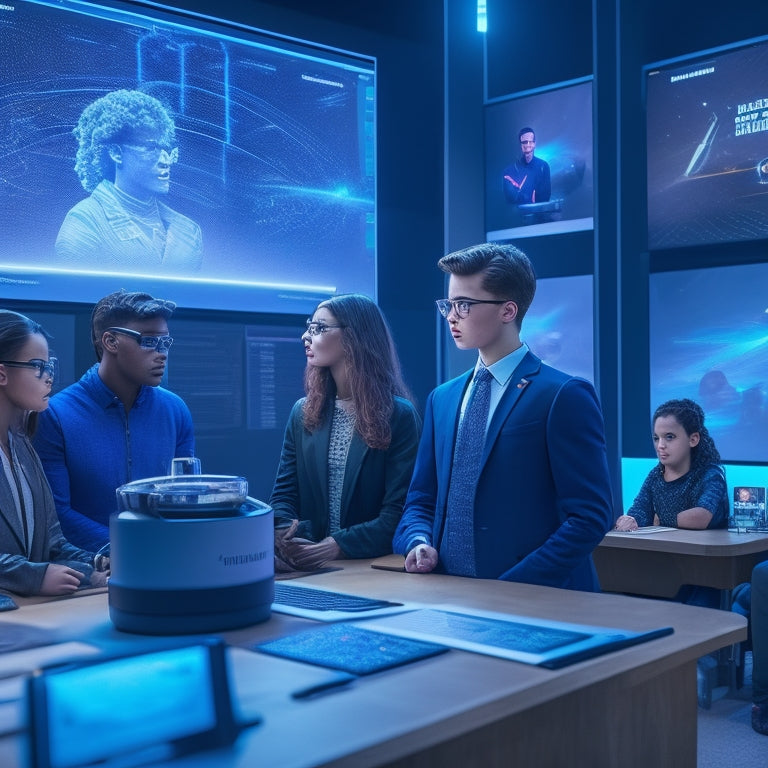 An futuristic classroom with holographic projections of historical figures, 3D models of molecules, and virtual lab experiments, surrounded by diverse students wearing AR glasses and interacting with virtual objects.