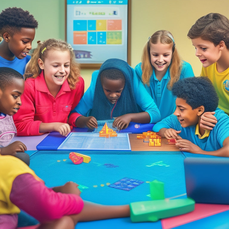 A colorful illustration depicting a diverse group of 5th-grade students gathered around a tablet, laptops, and desktop computers, engaged in various math games with fun, animated math symbols and shapes.