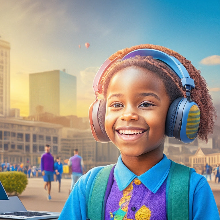 A colorful illustration of a smiling elementary-aged student surrounded by floating laptops, tablets, and virtual reality headsets, with a subtle cityscape or school building in the background.