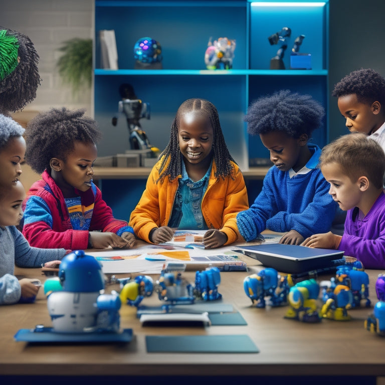 A colorful illustration featuring a diverse group of children aged 6-12 gathered around a table, surrounded by robots, laptops, and coding papers, with a subtle futuristic background.