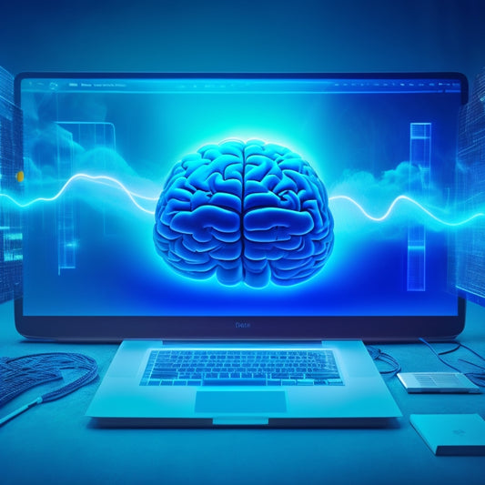 A futuristic, glowing brain surrounded by swirling clouds of data, with laptops, tablets, and smartphones orbiting around it, connected by glowing blue lines and nodes, set against a dark blue background.