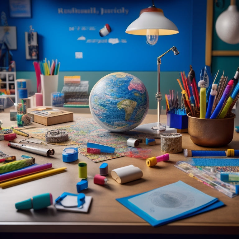 A colorful, clutter-free desk with a microscope, globe, abacus, and various craft supplies surrounded by 5-7 elementary school-aged hands engaged in different math and science projects.