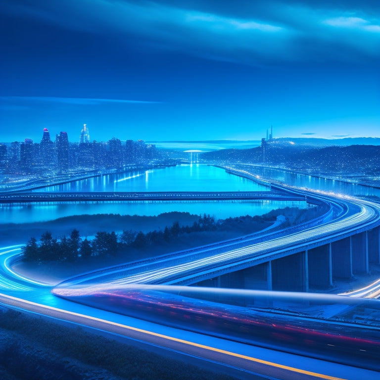 A futuristic highway with glowing blue lanes, surrounded by cityscape at dusk, with a giant magnifying glass hovering above, scrutinizing the road, amidst swirling clouds of binary code.