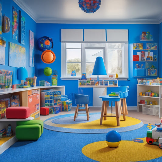 A vibrant, clutter-free playroom with a diverse group of children, aged 4-8, engaging with futuristic, colorful educational toys, including a robot, microscope, and interactive globe, surrounded by scattered blocks and art supplies.