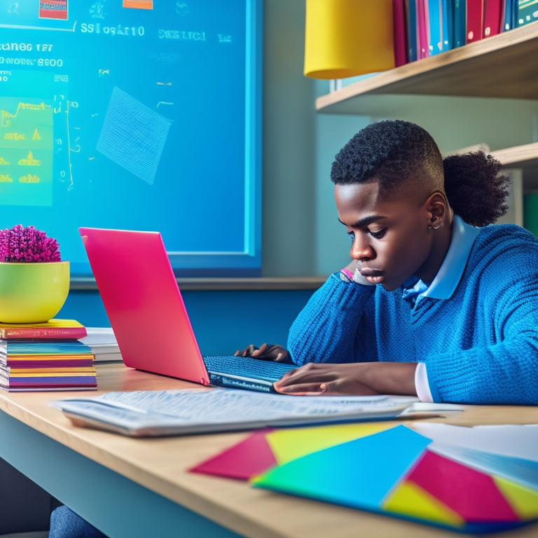 A colorful illustration of a student sitting at a desk with a laptop open to a math website, surrounded by textbooks, pencils, and a chart paper with math problems and solutions.