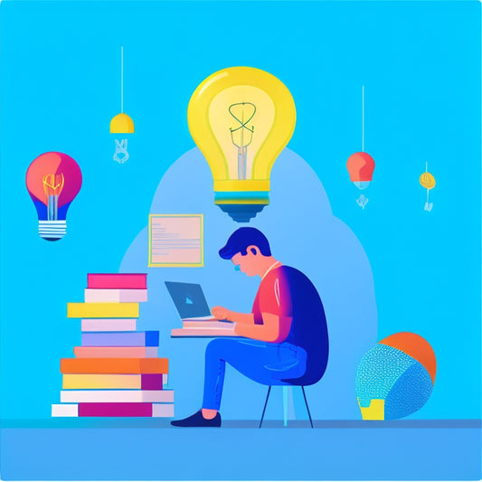 A colorful, minimalist illustration of a dyslexic student sitting in front of a laptop, surrounded by math problems and diagrams, with puzzle pieces and lightbulbs above their head, symbolizing understanding and success.