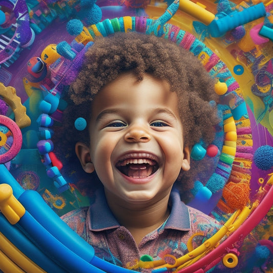 A whimsical illustration of a smiling child surrounded by colorful, swirling shapes and toys, with a subtle background of gears, circuits, and brain waves, symbolizing innovation and development.