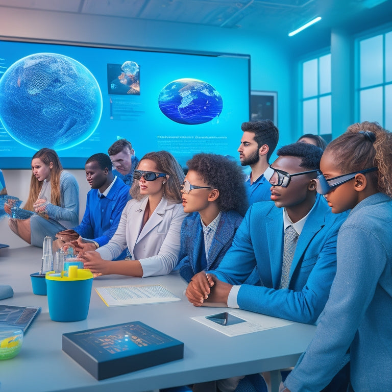A futuristic virtual science classroom with holographic 3D models, interactive whiteboards, and virtual lab equipment, surrounded by diverse students wearing VR headsets, collaborating and exploring together.