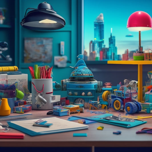 A colorful, whimsical illustration of a child's desk cluttered with toys, craft supplies, and design blueprints, surrounded by futuristic gadgets and robotic friends, amidst a subtle cityscape background.