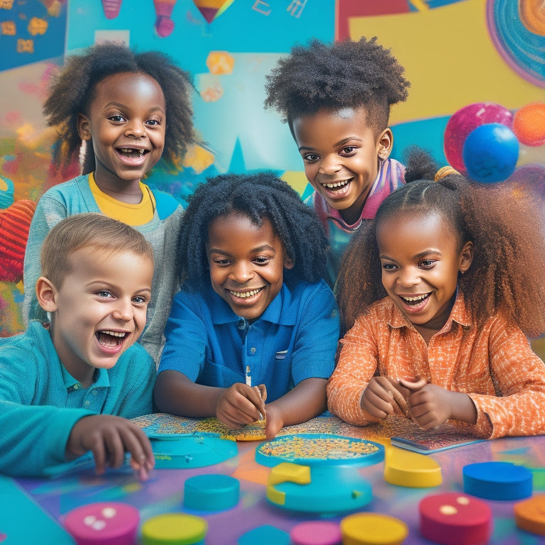 A vibrant illustration depicting a diverse group of happy children, each surrounded by swirling math symbols and colorful shapes, interacting with tablets and laptops displaying personalized math lessons and virtual manipulatives.