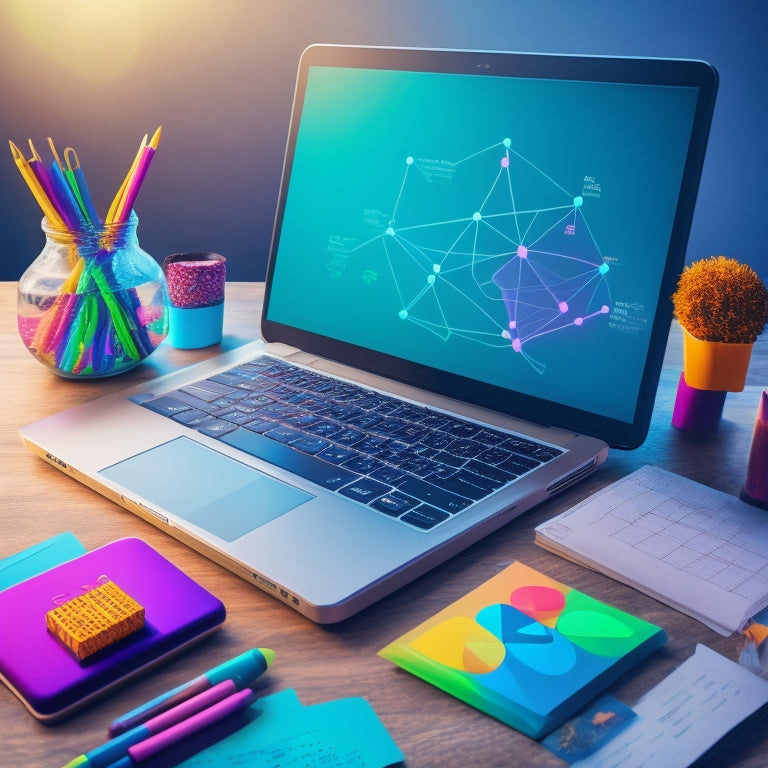 A colorful illustration of a laptop and tablet surrounded by diverse math symbols, shapes, and graphs, with a subtle virtual classroom background and faint outlines of students engaged in online learning.