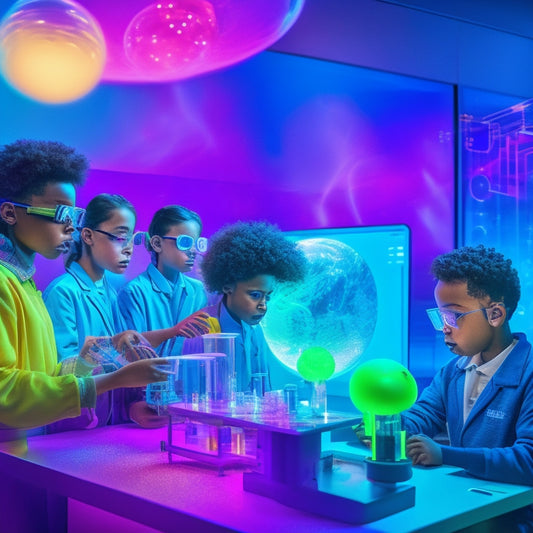 A colorful, futuristic laboratory scene with diverse middle school students conducting experiments, surrounded by interactive screens, 3D models, and virtual reality headsets, amidst a backdrop of swirling atoms and molecules.