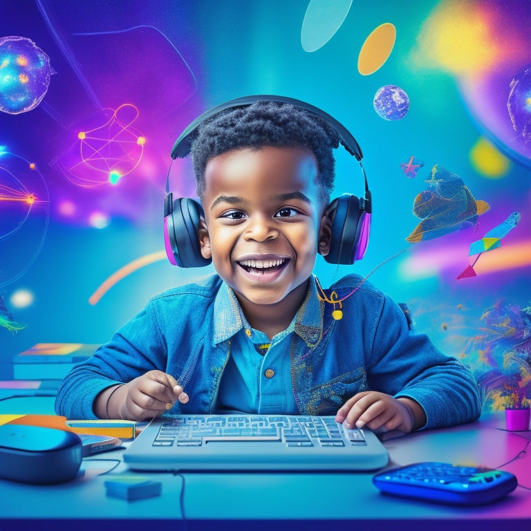 A colorful illustration of a smiling child sitting at a desk, surrounded by virtual reality headsets, tablets, and laptops, with math problems and formulas floating in mid-air, solved with bright, glowing lines.