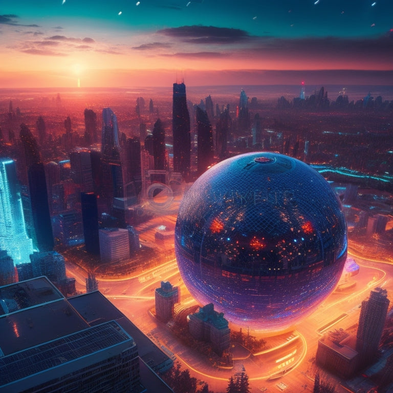 A futuristic, high-tech cityscape at dusk, with sleek skyscrapers and neon lights, featuring a massive, glowing orb radiating code-like patterns, surrounded by swirling clouds of circuit boards and microchips.