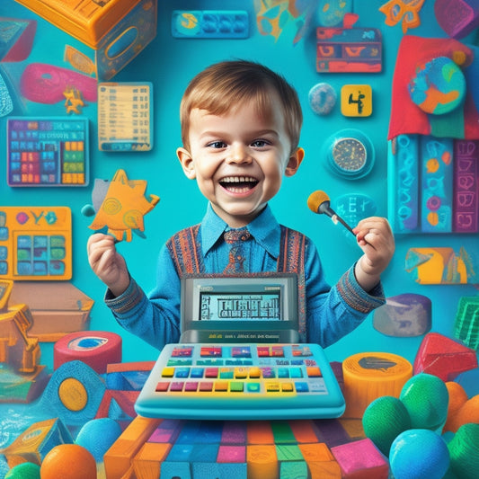 A colorful, whimsical illustration of a smiling cartoon kid surrounded by interactive math tools, such as a virtual abacus, geometric shapes, and a touchscreen calculator, amidst a backdrop of swirling math symbols and patterns.