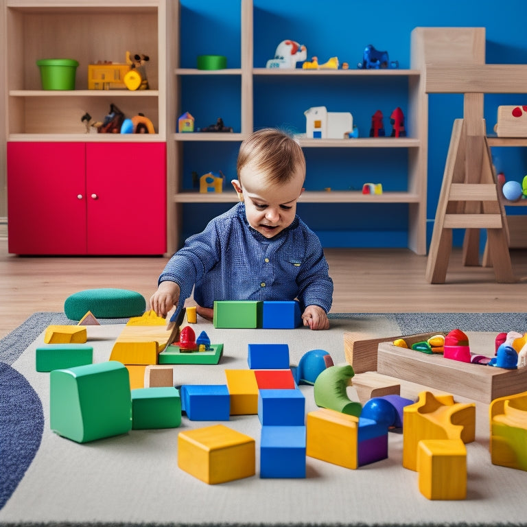 A colorful, clutter-free play area with a toddler sitting at a small table, surrounded by wooden counting blocks, shape sorters, and a few favorite toys, with a subtle background of a math-inspired wallpaper.