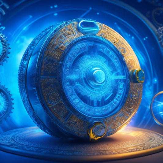 A stylized, modern illustration of a combination lock with glowing blue circuits and gears, surrounded by swirling patterns of light bulbs, puzzle pieces, and subtle educational icons, such as a miniature globe or a tiny book.