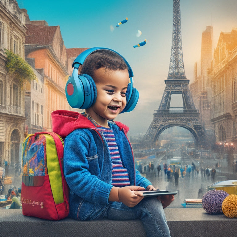 A colorful illustration featuring a happy, curious child surrounded by floating speech bubbles in different languages, with a tablet and headphones nearby, amidst a subtle background of cityscapes and books.