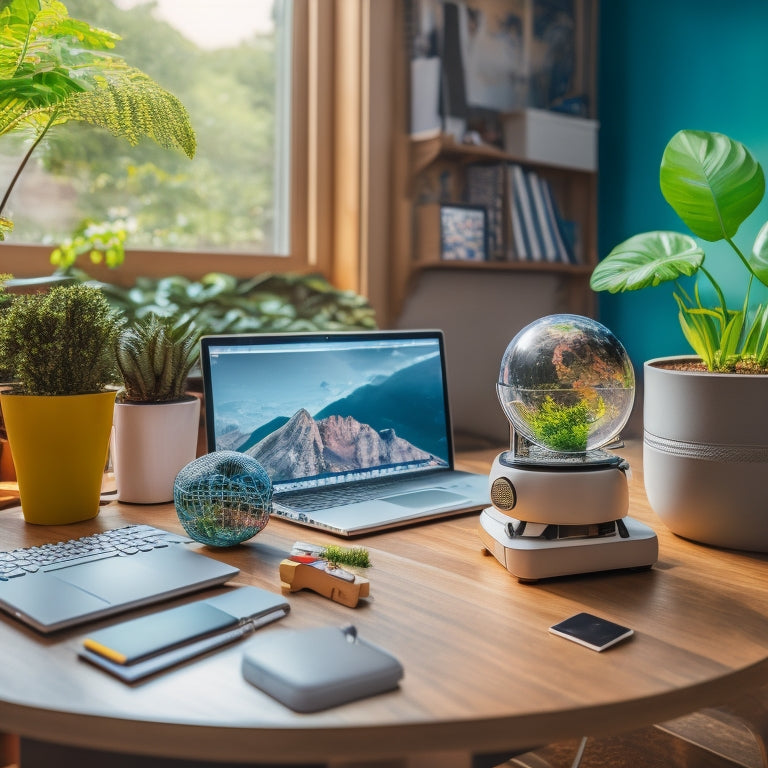 A colorful, clutter-free desk with a laptop, microscope, robotics kit, coding blocks, and a globe, surrounded by plants and natural light, conveying a sense of curiosity and exploration.