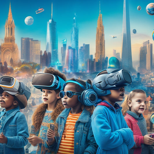 A vibrant illustration of a diverse group of children surrounded by futuristic gadgets, robots, and virtual reality headsets, amidst a whimsical European cityscape with iconic landmarks in the background.
