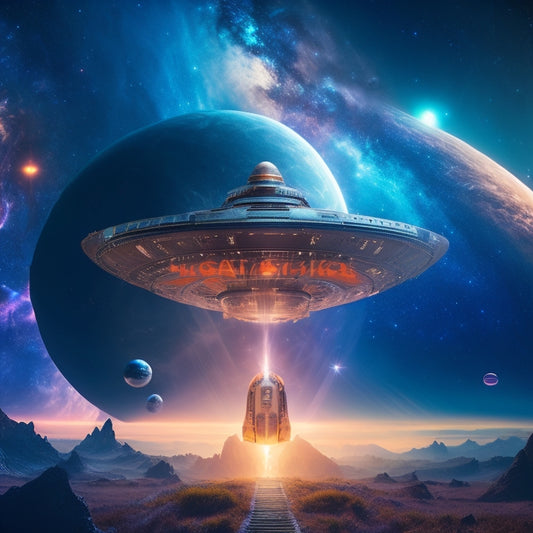 A sweeping, starry galaxy backdrop with a majestic, gleaming spaceship soaring through the cosmos, accompanied by a heroic fantasy warrior standing proudly, surrounded by mystical, glowing orbs and ancient, worn tomes.