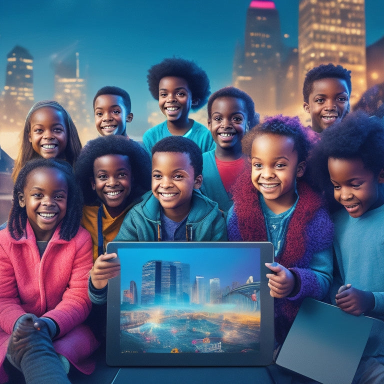 A colorful illustration featuring a diverse group of happy kids, aged 6-12, surrounding a large, glowing tablet, with coding symbols and icons floating around them, amidst a subtle cityscape background.