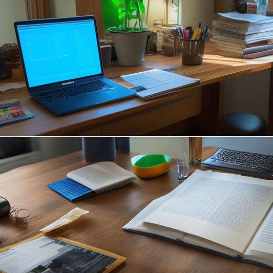 A split-screen image: on the left, a cluttered desk with scattered math textbooks, crumpled papers, and a frustrated Mac user; on the right, a tidy workspace with a Mac laptop and a satisfied user surrounded by solved math problems.