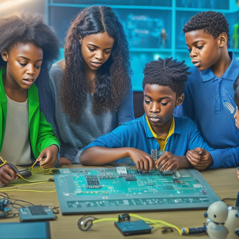A colorful illustration featuring a diverse group of middle schoolers engaged in various STEM activities, surrounded by laptops, robots, and diagrams, with a subtle background of circuit boards and coding symbols.