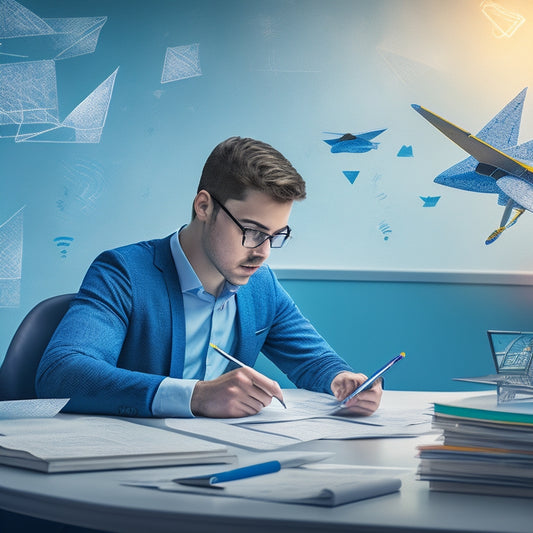 An illustration of a student sitting at a desk, surrounded by fluttering paper airplanes made of math problems, with a tablet and stylus in hand, amidst a background of subtle, swirling math symbols and formulas.