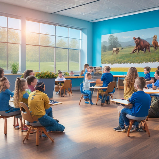 A serene, well-lit special needs classroom with a mix of seated and standing students, each wearing VR headsets, interacting with virtual 3D shapes, animals, and educational scenarios.