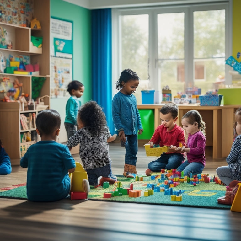 A colorful, clutter-free playroom with a diverse group of kindergarten-aged children engaged in various math-based activities using educational toys, blocks, and puzzles, surrounded by natural light.