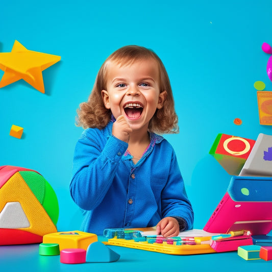 A colorful illustration of a happy child surrounded by floating math symbols, shapes, and icons of popular tablets and smartphones, with a subtle background of a classroom or playroom.