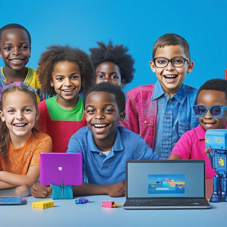 A colorful illustration of a diverse group of happy children aged 6-12, surrounded by laptops, tablets, and robots, engaging in various STEM activities, set against a bright, gradient blue background.